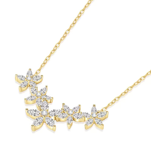 Main: FAWDI five flower garland necklace in 925 sterling silver with GRA-certified moissanite
Silver variant: Silver five-flower moissanite garland necklace
Gold variant: Gold five-flower moissanite garland necklace
Certificate: GRA certificate of authenticity for FAWDI moissanite necklace
Detail: Close-up of marquise and round-cut moissanite in floral setting